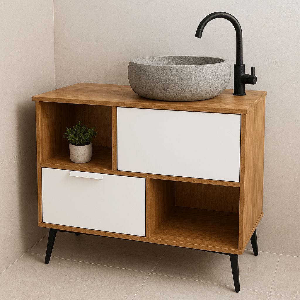 ארונית אמבטיה דגם קוביות לבן ואלון טבעי - חיסול! ארונית אמבטיה דגם קוביות לבן ואלון טבעי - חיסול!